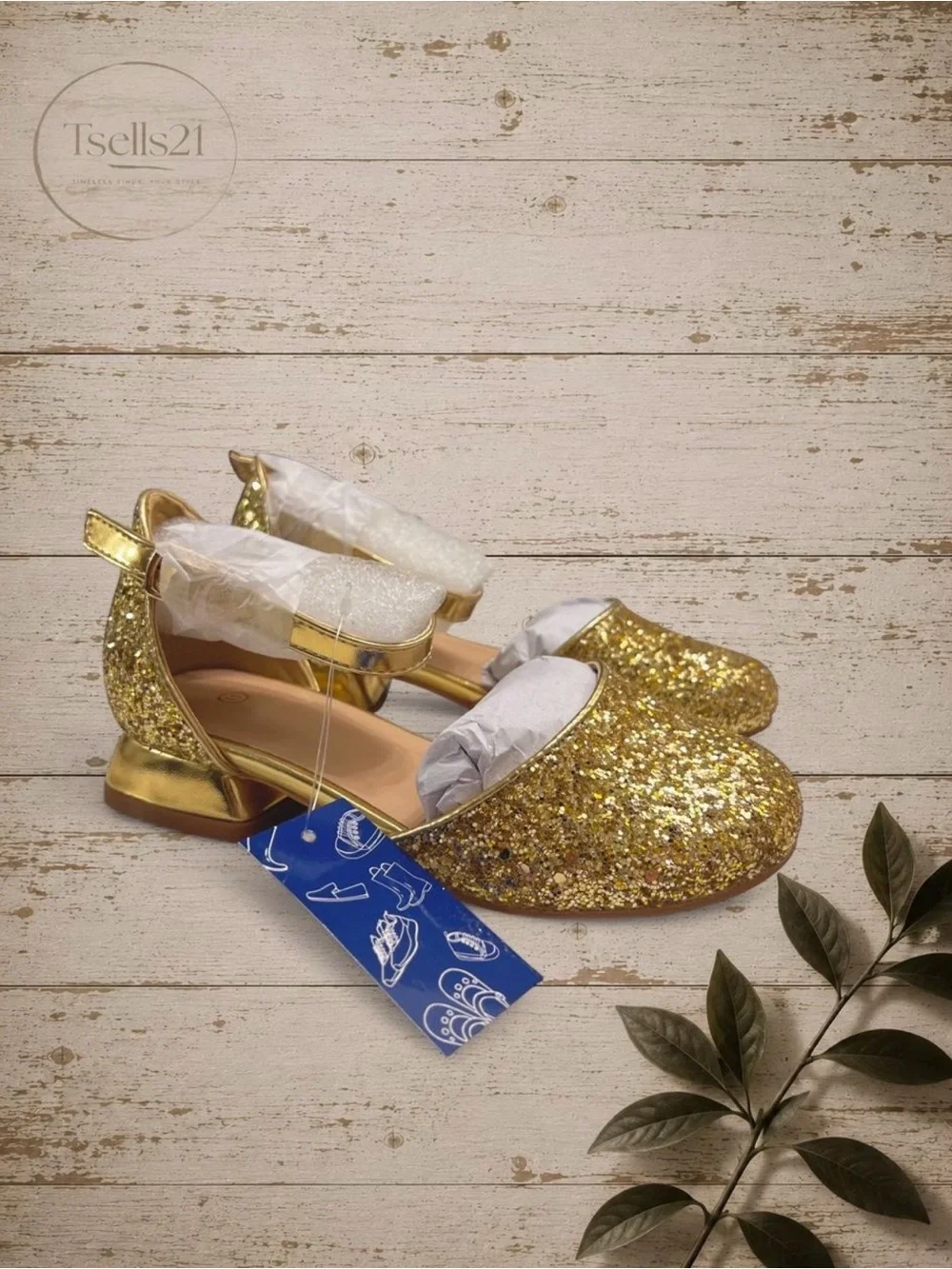 Girls' Glitter Gold Dress Flats with Ankle Strap